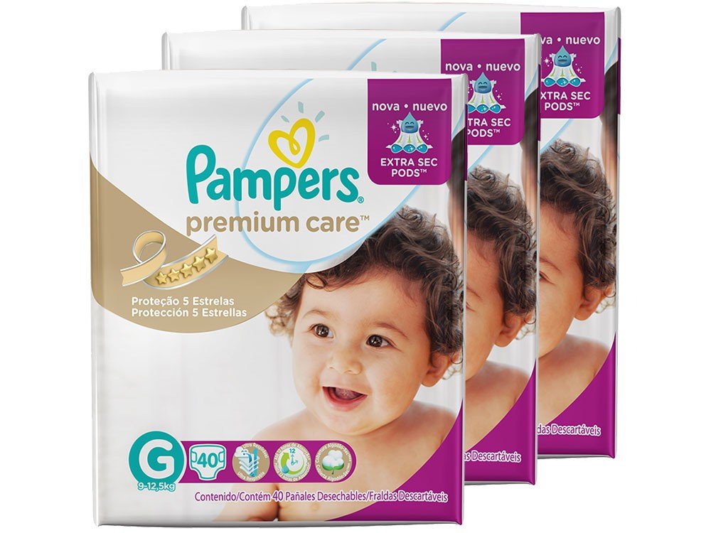 Kit Fraldas Pampers Premium Care Mega Tam G 3 Pacotes Com 40 Unidades