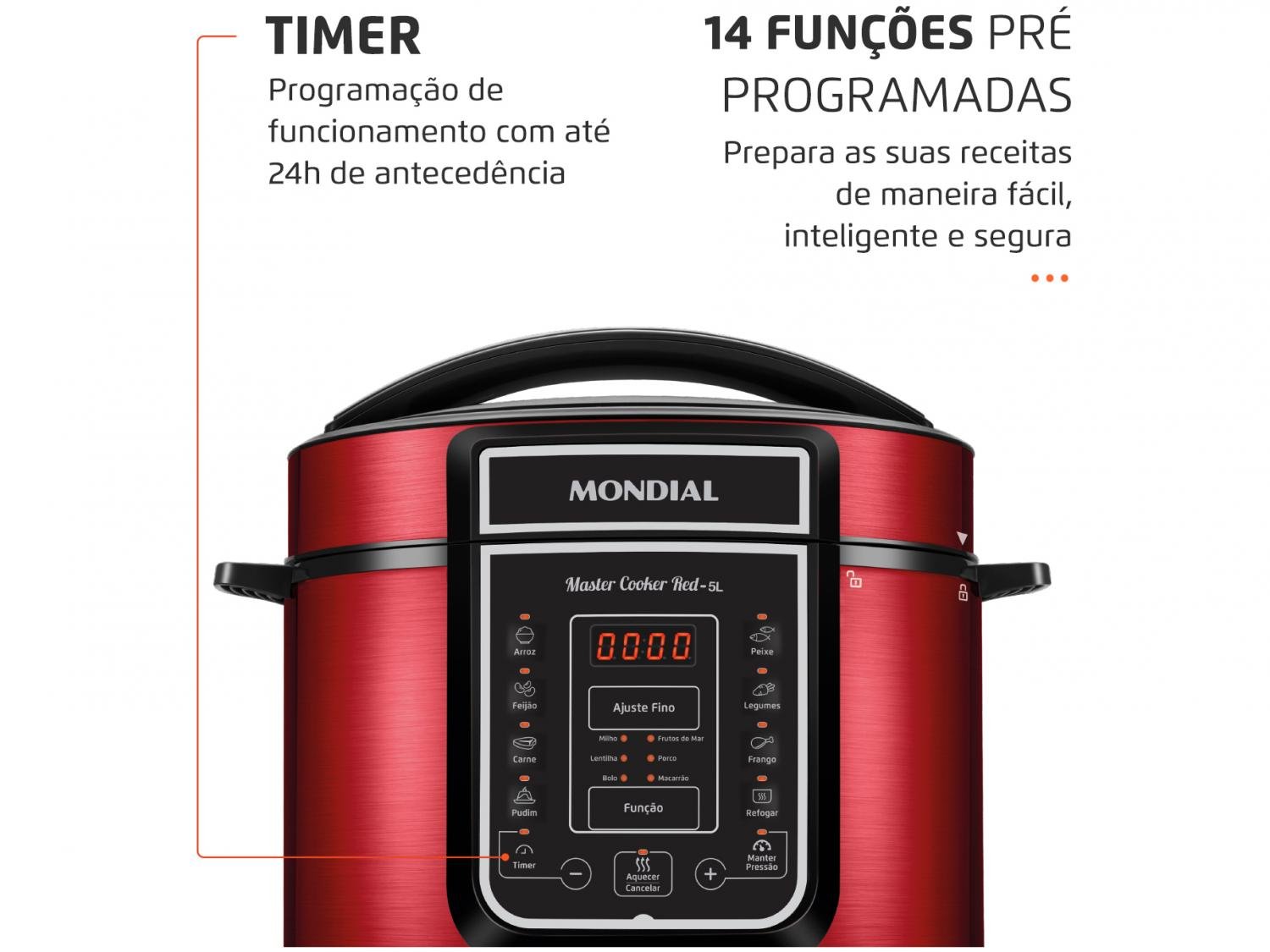 Panela de Pressão Elétrica Digital Mondial - Master Cooker Red PE-39 900W 5L Timer - 110 V - 2