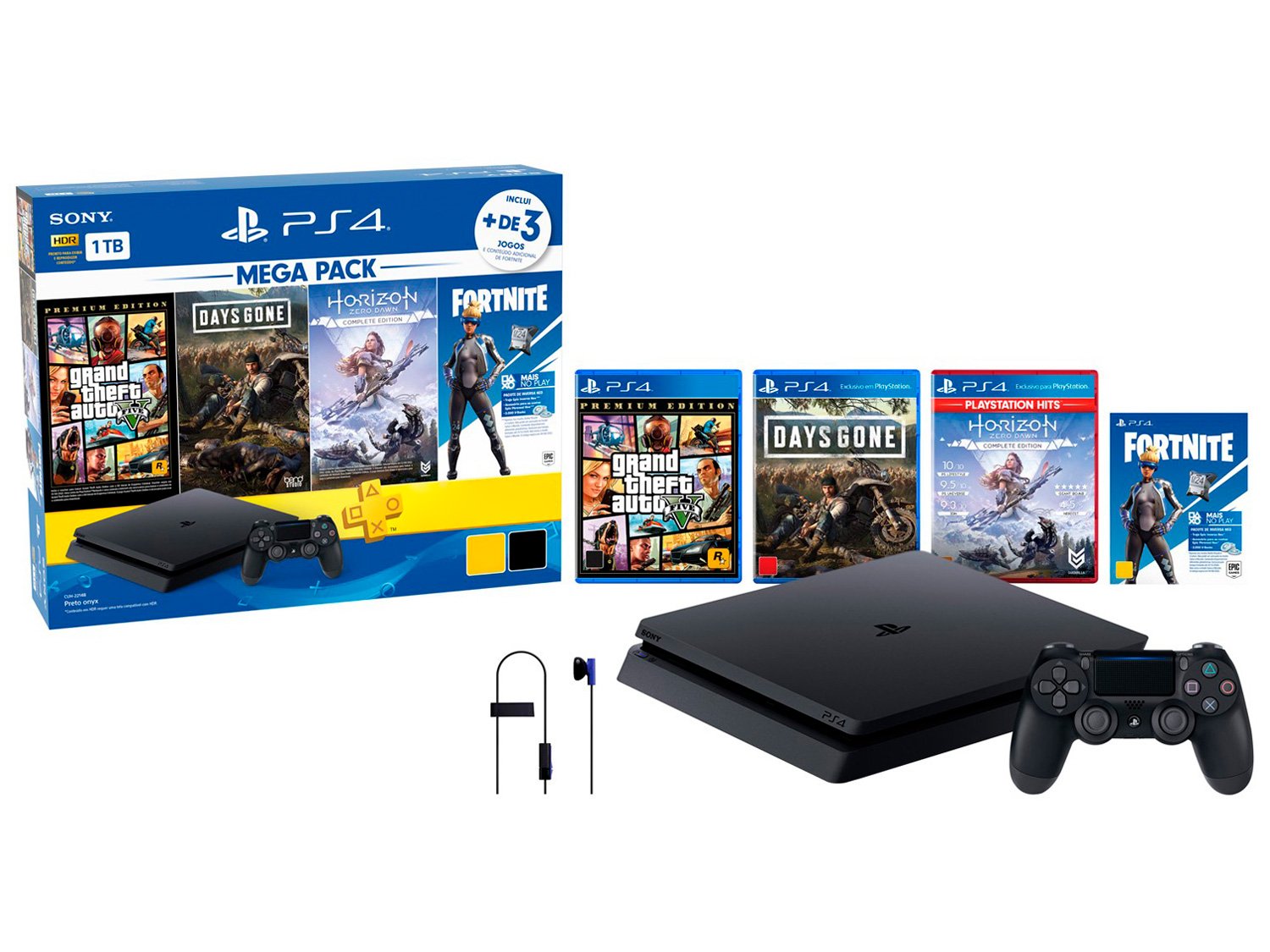 Console Sony Playstation 4 Slim Mega Pack, Com Controle Sem Fio