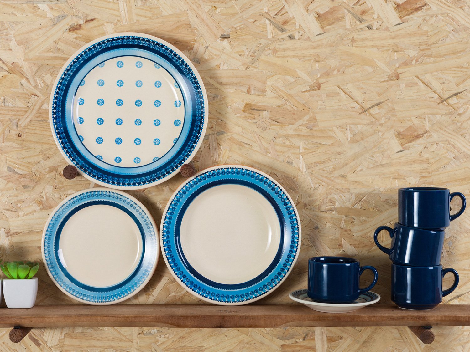 Aparelho de Jantar Chá 20 Peças Biona Cerâmica - Redondo Branco e Azul Donna