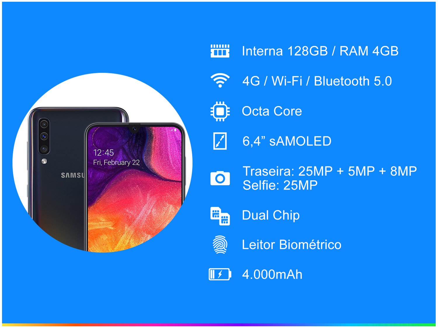 Smartphone Samsung Galaxy A50 128gb Preto 4g 4gb Ram Tela 64 Câm Tripla Câm Selfie 25mp