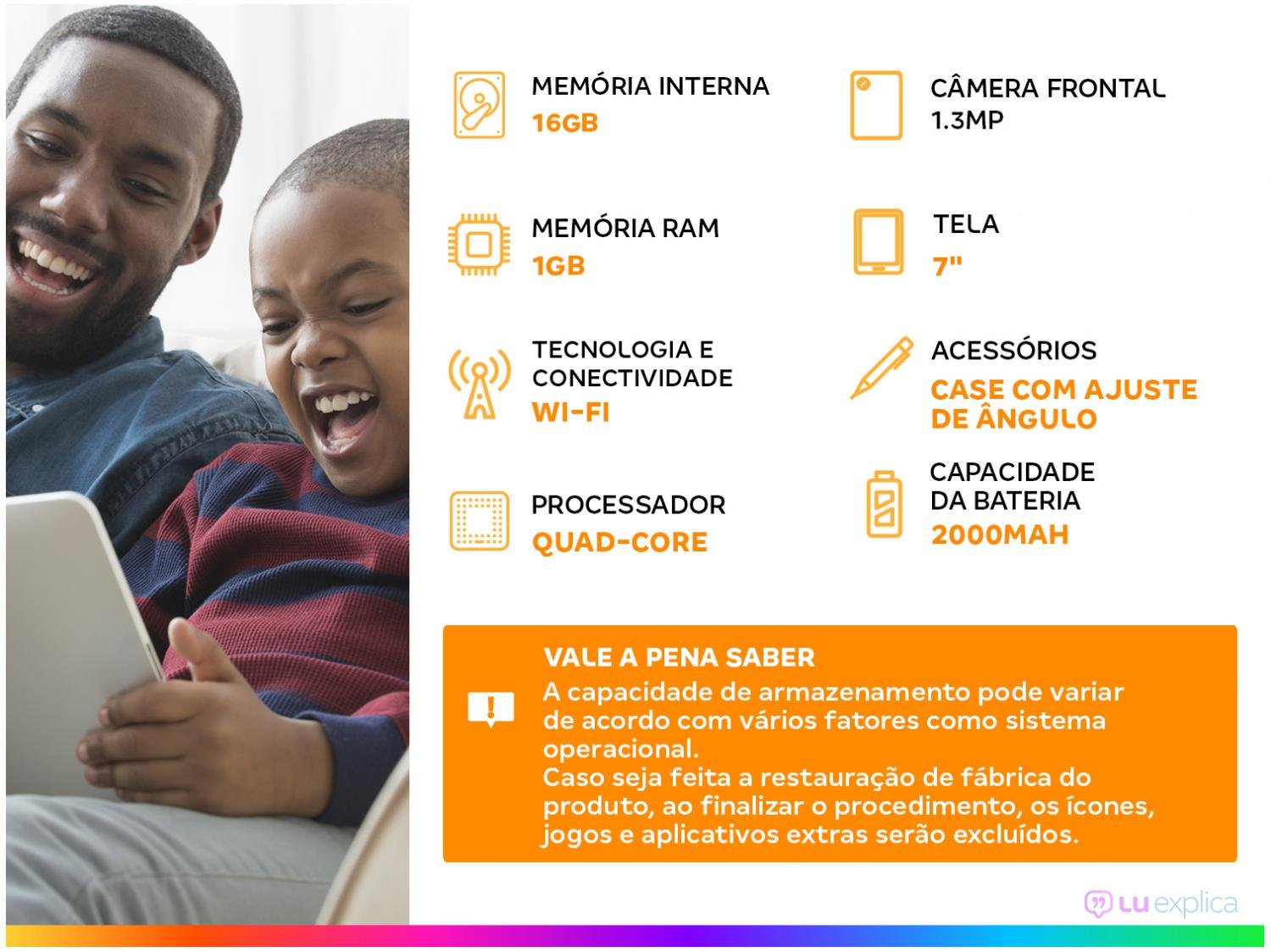 Tablet Infantil Multilaser Kid Pad Go com Capa - 16GB 7&quot; Wi-Fi Android 8.1 Quad-Core - Bivolt - 1