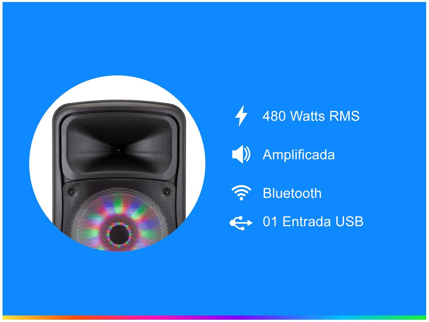 Caixa de Som Amplificada TRC 536 com Bluetooth, Rádio FM, Entrada USB e Iluminação Frontal em Led - 480W - 1