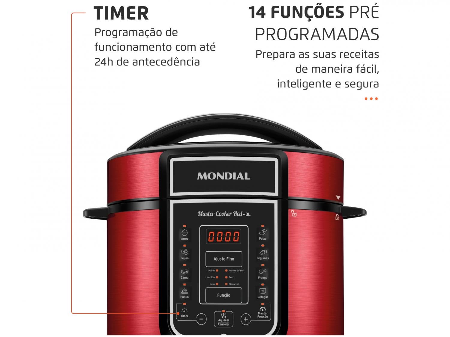 Panela de Pressão Elétrica Digital Mondial - Master Cooker Red PE-41 700W 3L Timer - 220 V - 2