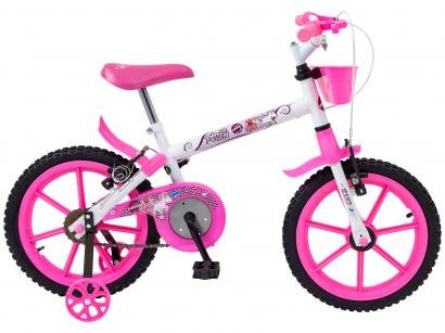 Bicicleta Infantil Aro 16 Track Bikes PINKY WR - Branca e Rosa com Rodinhas e Cesta Freio V-Brake