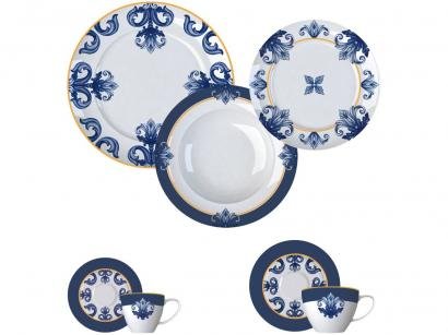 Aparelho de Jantar Chá e Café 42 Peças Germer - Porcelanas Redondo Azul e Branco Porto Versa