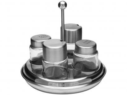 Galheteiro Vidro Forma Inox 5 Peças com Suporte - Redondo