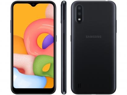 Smartphone Samsung Galaxy A01 32GB Preto Octa-Core - 2GB RAM Tela 5,7" Câm. Dupla + Câm. Selfie 5MP