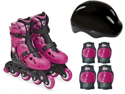 Patins In Line Infantil Fun Barbie Rosa e Preto - com Acessórios