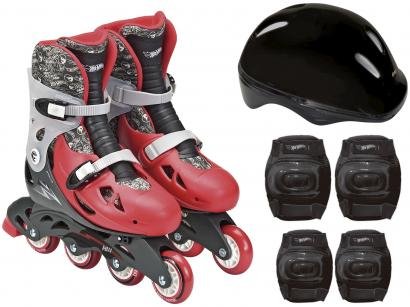 Patins In Line Infantil Fun Hot Wheels - Vermelho e Preto com Acessórios F00111