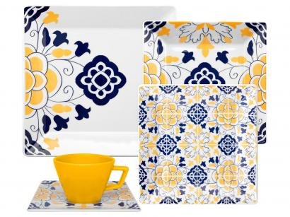 Aparelho de Jantar Chá 20 Peças Oxford - Porcelana Quadrado Estampado Quartier Sevilha