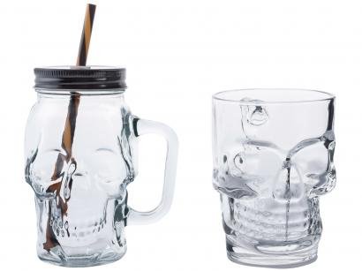 Conjunto de Caneca Vidro para Cerveja 450 e 510ml - 2 Peças Lyor Caveira Rock Style