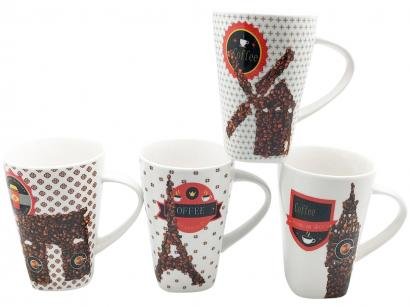 Caneca de Porcelana de Café 400ml Bella Tavola - Cities 4 Peças