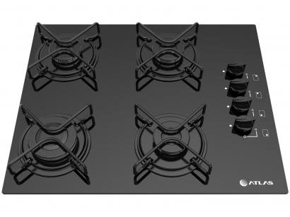 Cooktop 4 Bocas Atlas Preto a Gás GLP - Agile Glass