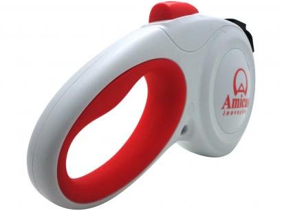 Guia Retrátil para Cachorro 3 Metros - Branco e Vermelho Amicus Star Flex