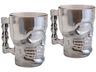 Jogo de Canecas de Chopp e Cerveja de Vidro - Cinza 510ml Lyor Caveira Rock Style 2 Peças