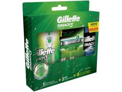 Kit Aparelho de Barbear Gillette Mach3 Acqua-Grip - Sensitive 2 Cargas Gel Mach3 Complete Defense 72ml