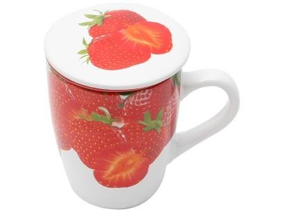 Caneca Chá com Tampa e Infusor de Porcelana - Vermelha 330ml Bon Gourmet Morango