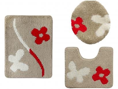 Jogo de Tapetes Flor para Banheiro Felpudo - Retangular Urban Hibisco Jolitex 3 Peças