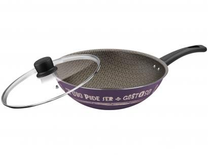 Frigideira Wok Antiaderente Rochedo de Alumínio - com Tampa Viva Roxa 28cm