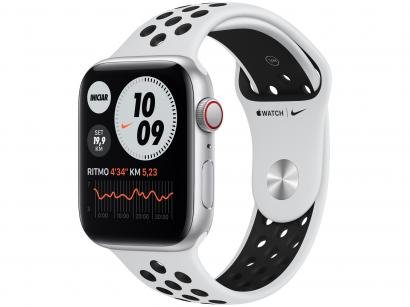 Apple Watch Nike SE 44mm Prateada GPS + Cellular - Pulseira Esportiva Platina e Preta
