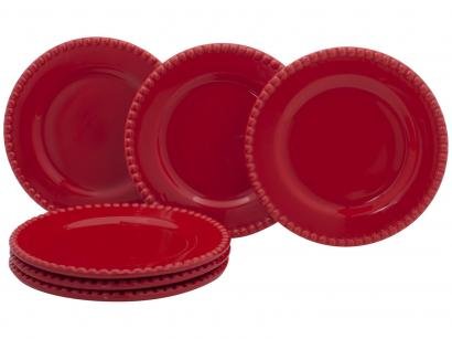Jogo de Pratos Redondo de Cerâmica Vermelho - Raso de Sobremesa Cerâmica Scalla Bolinha 6 Peças