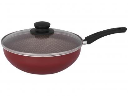 Panela Wok Antiaderente Alumínio Oliveira - com Tampa Luxury Vermelha 24cm