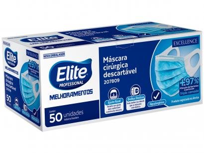 Máscara de Proteção Descartável Tripla Camada com - Elástico Elite Professional Branco e Azul 50 Un.