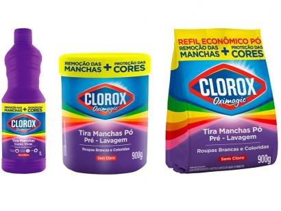 Kit Tira Manchas Clorox Oximagic Pré-Lavagem em Pó - sem Cloro 900g + Refil 900g + Cores Vivas 1L
