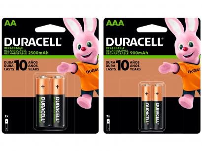 Kit com 2 Unidades de Pilha Recarregável - AA Pequena e 2 Unidades AAA Palito Duracell