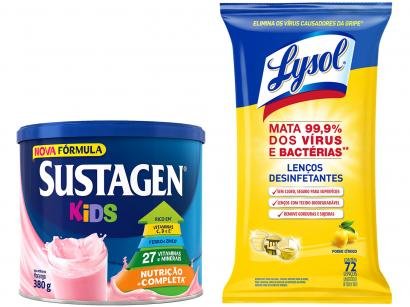 Kit Complemento Alimentar Infantil Sustagen Kids - Morango 380g + Lenços Desinfetantes Lysol