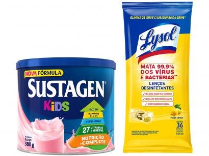 Kit Complemento Alimentar Infantil Sustagen Kids - Morango 380g + Lenços Desinfetantes Lysol
