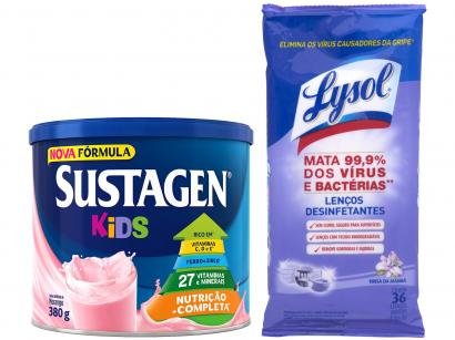 Kit Complemento Alimentar Infantil Sustagen Kids - Morango 380g + Lenços Desinfetantes Lysol