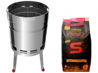 Kit Churrasqueira à Carvão Tramontina TCP 400 Inox - com Grelha + Carvão Vegetal Triplo S 2kg