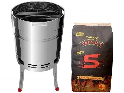 Kit Churrasqueira à Carvão Tramontina TCP 400 Inox - com Grelha + Carvão Vegetal Triplo S 4kg