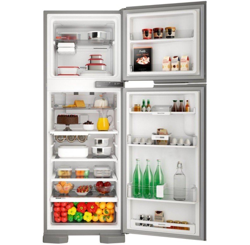 refrigerador aberto cheio de alimentos, garrafas e congelados